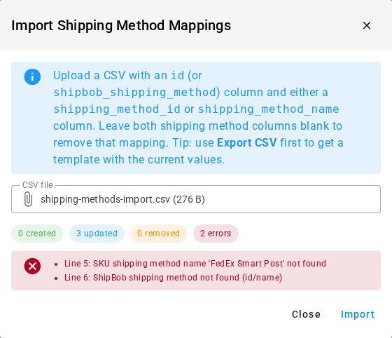 The Import Shipping Method Mappings dialog showing 0 created, 3 updated, 0 removed, 2 errors, and the two error lines