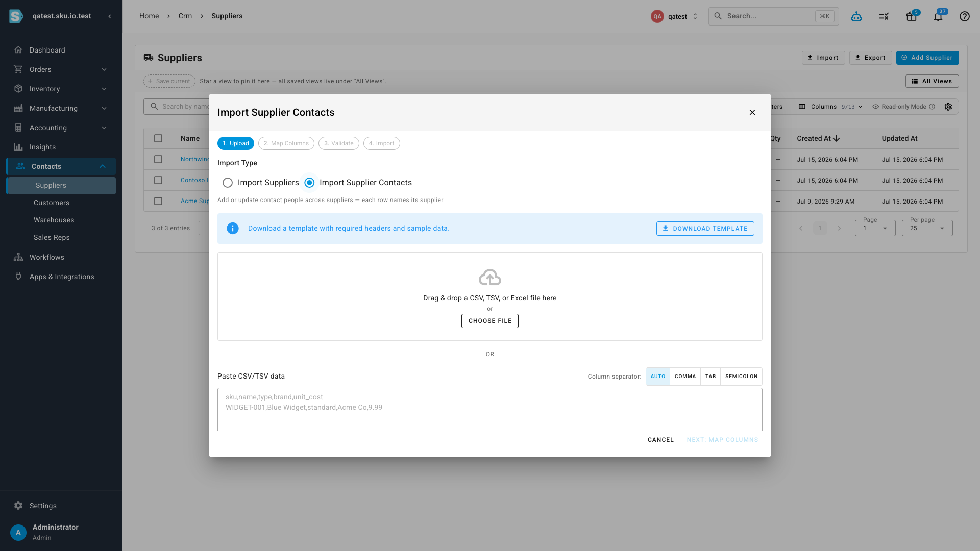 The import wizard with Import Type options and a downloadable contacts template