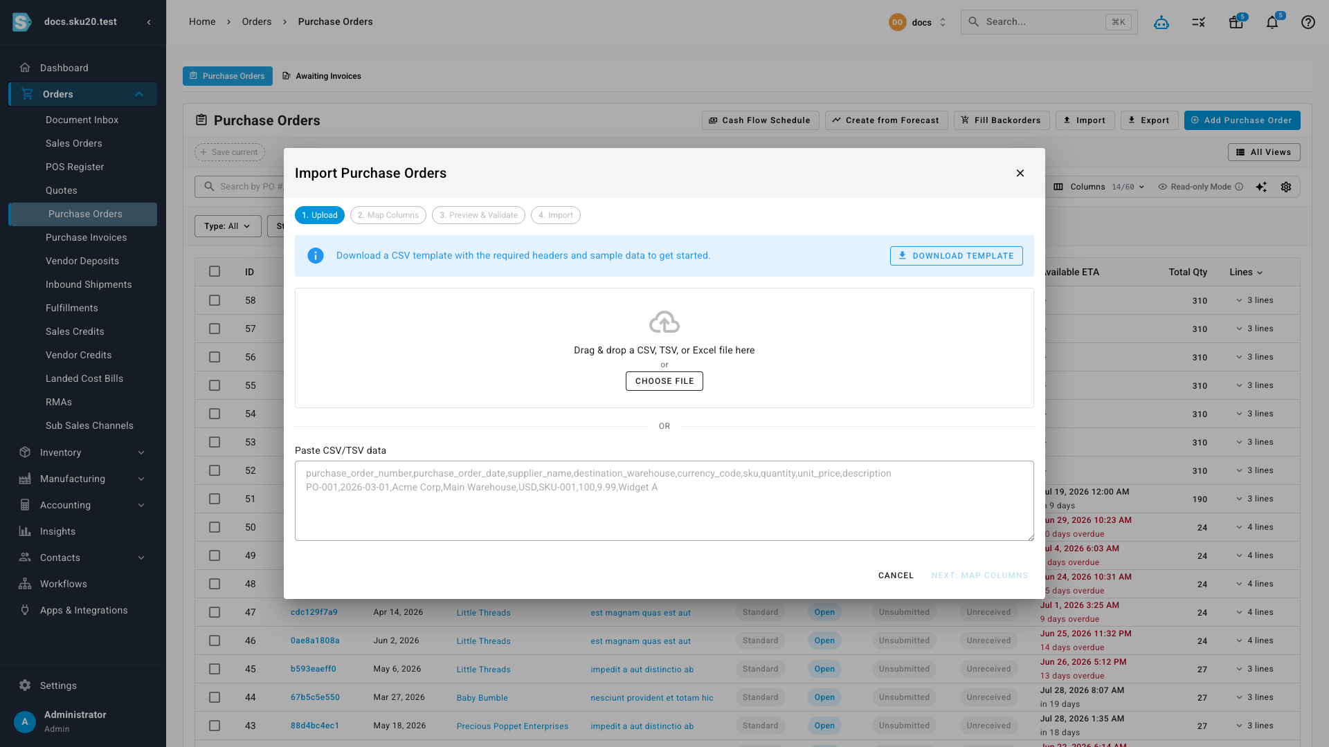 The Import Purchase Orders wizard on step 1, Upload — with the four steps (Upload, Map Columns, Preview & Validate, Import), a template download, and the drag-and-drop / paste area