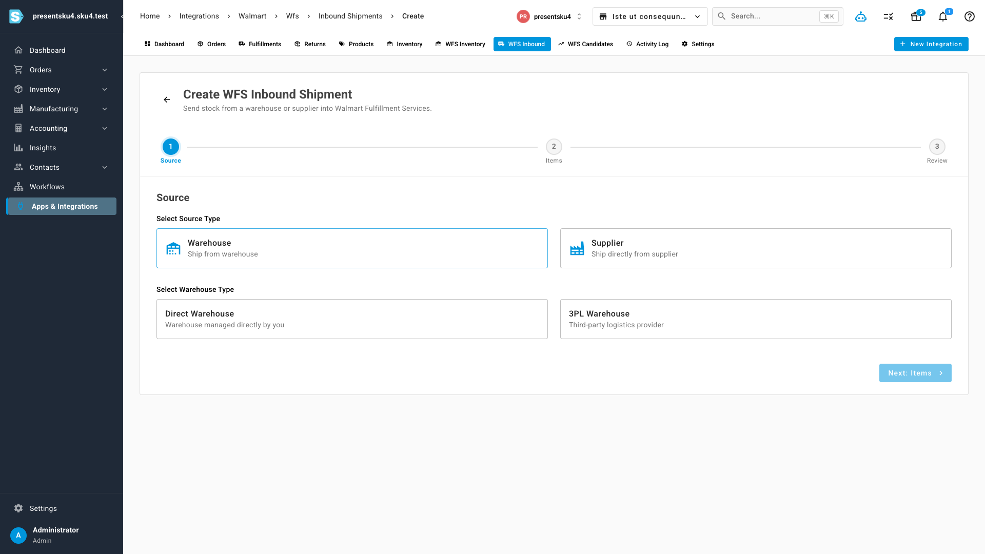 The Create WFS Inbound Shipment workflow with Source, Items and Review steps