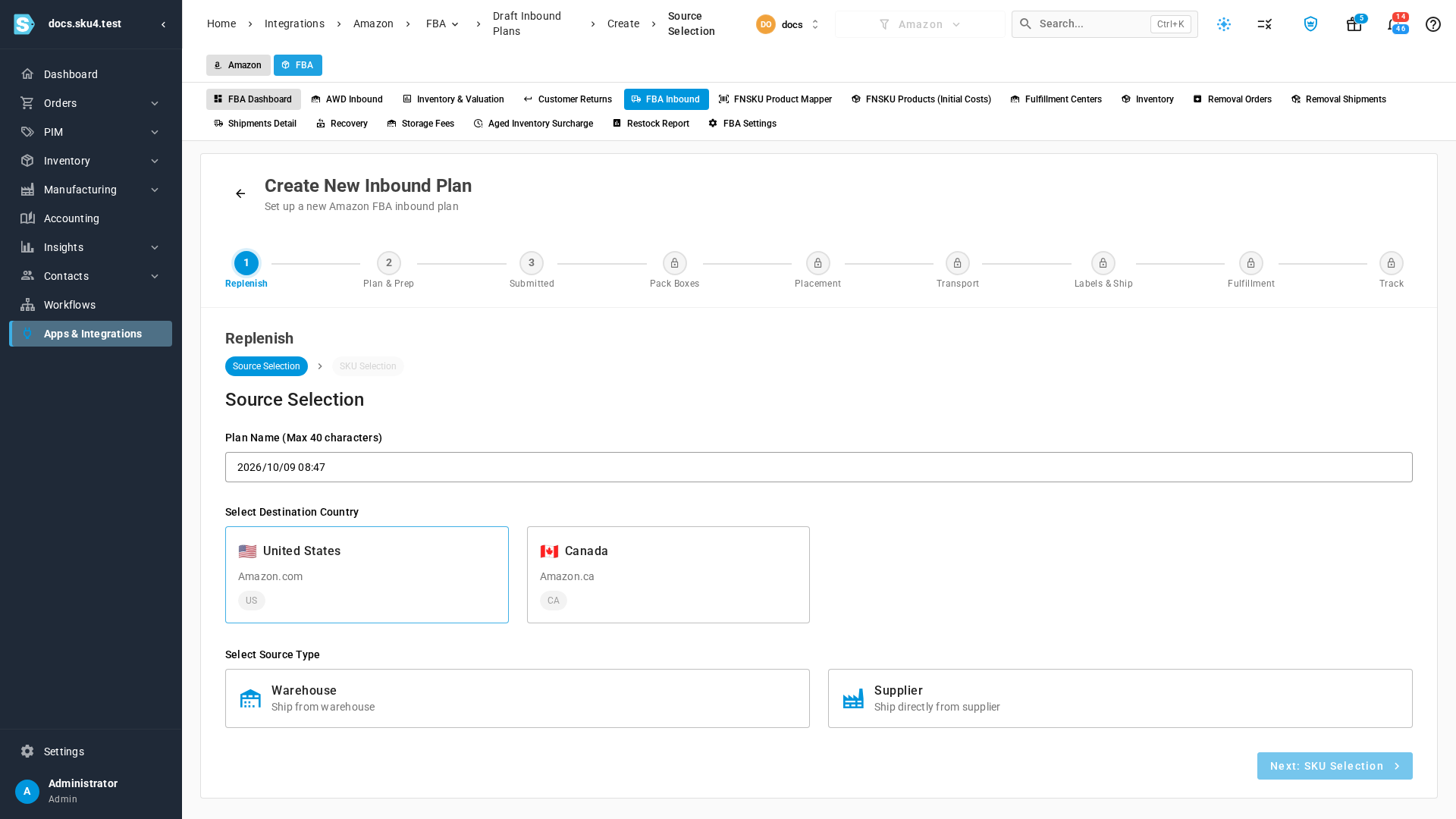 A new inbound plan opened from an FBA stock out alert, with the destination country already chosen
