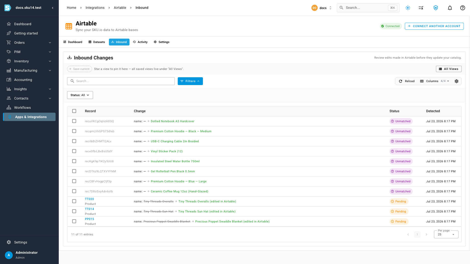 The Inbound review queue showing proposed changes from Airtable — pending edits with a before-and-after diff linked to their SKU.io product, alongside unmatched rows