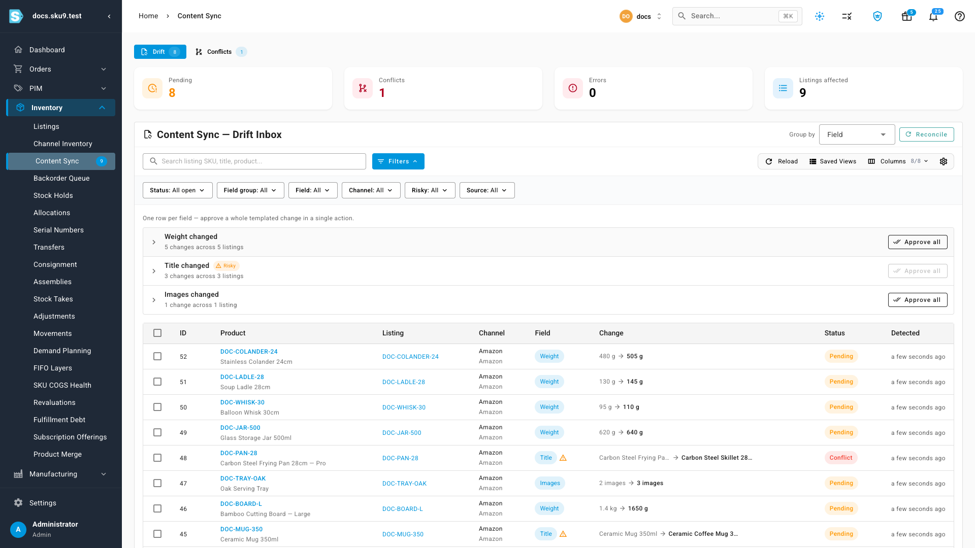 The Content Sync drift inbox — summary cards, grouped buckets, filter row, and the change feed