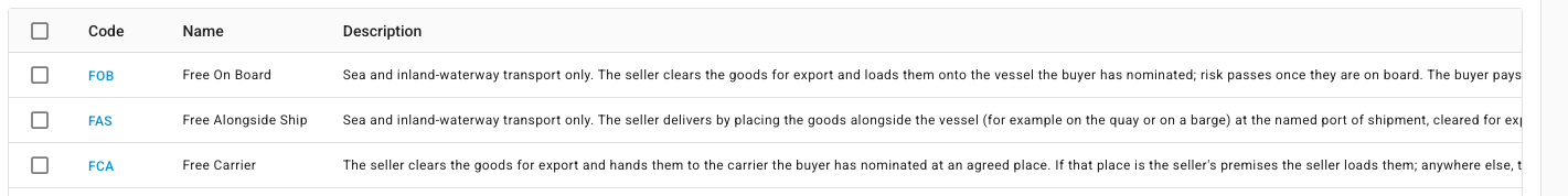 The Incoterms list filtered to the three F-family rules — FOB, FAS and FCA