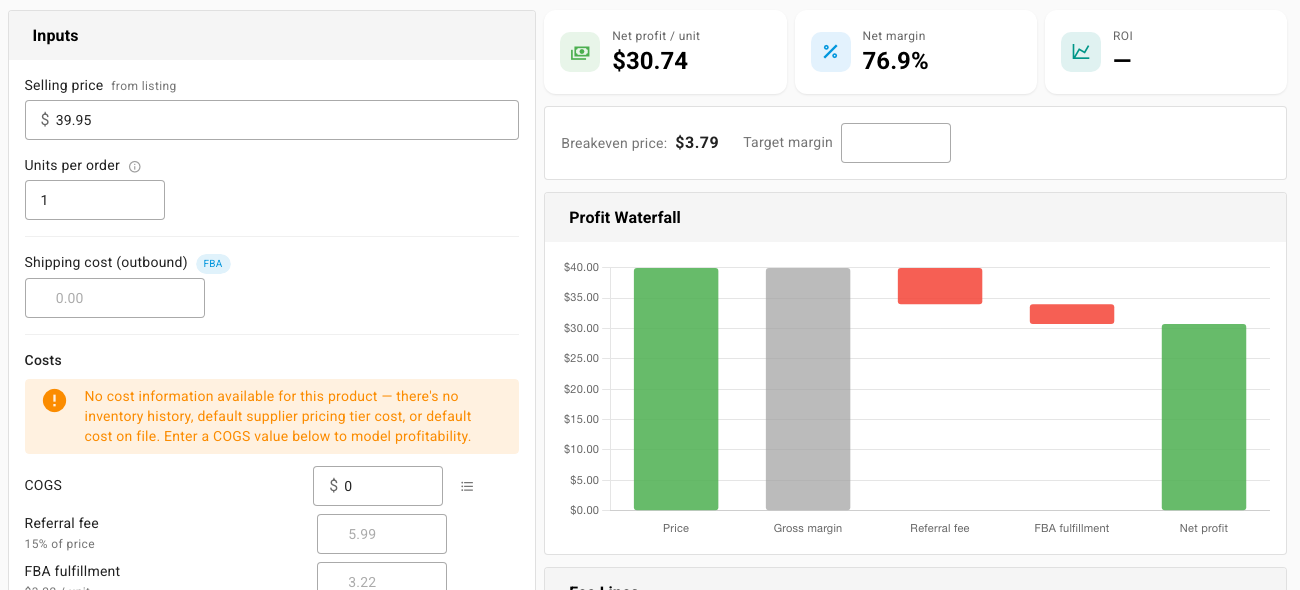 The Inputs panel with selling price, units per order, shipping cost, costs and fees beside the results: net profit per unit, net margin, ROI, breakeven price, target margin, and the profit waterfall