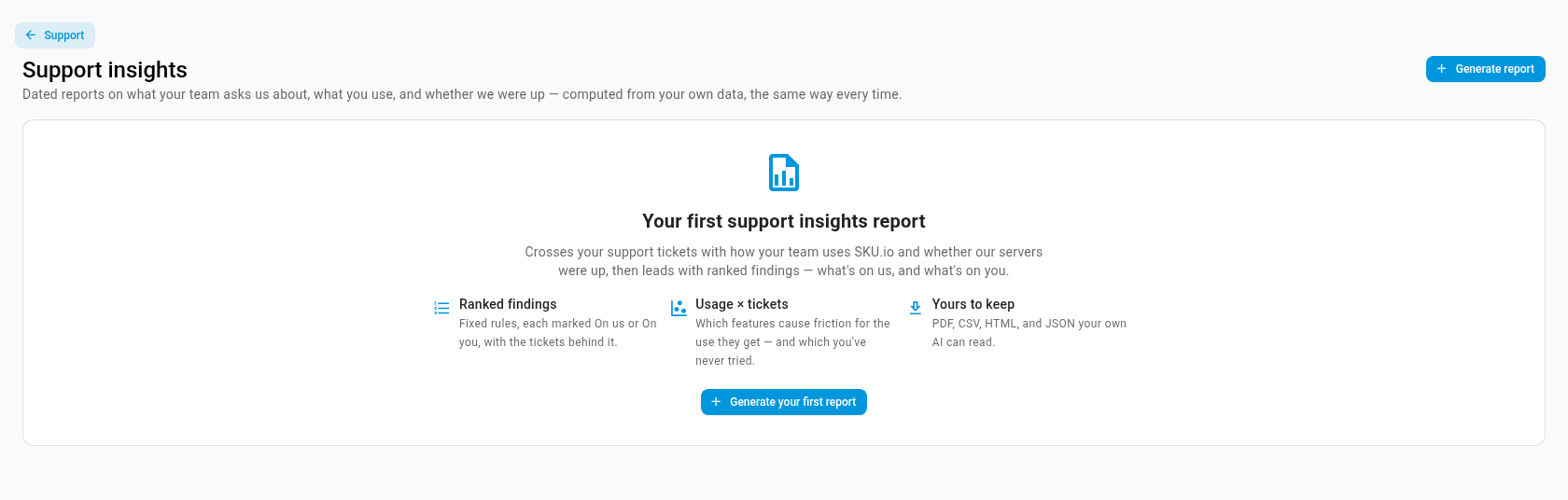 The Support insights page before the first report, with the Generate your first report button
