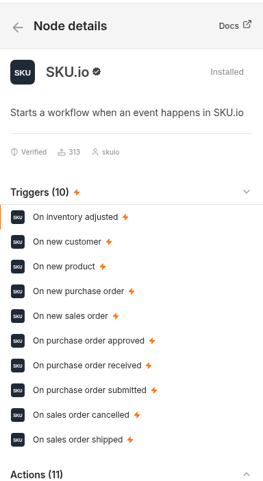 The SKU.io node in n8n after installing, with its ten triggers listed