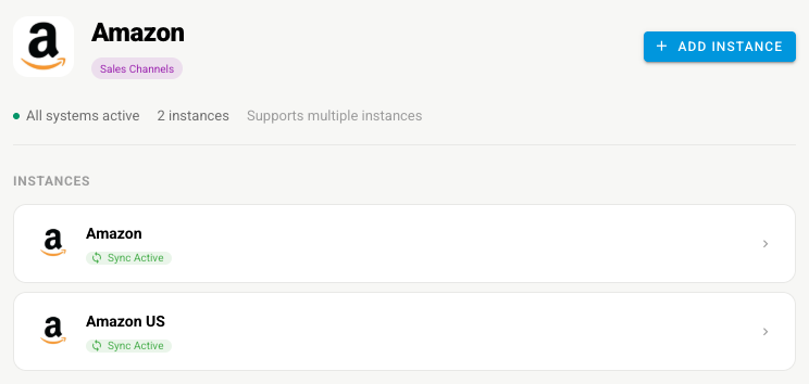 The Amazon panel with two instances, Amazon and Amazon US, each showing Sync Active