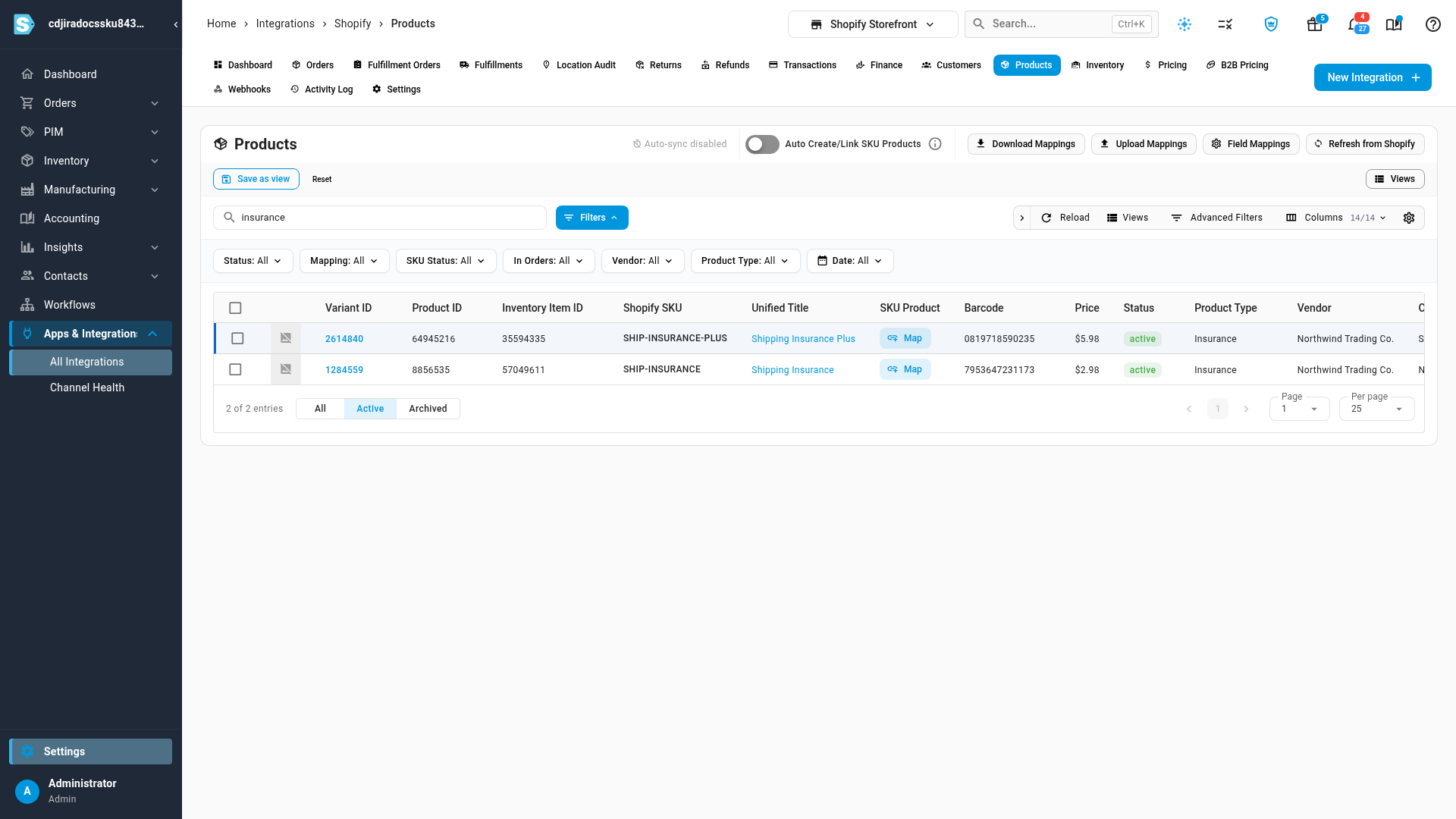 The Shopify Products tab searched for insurance, showing Shipping Insurance and Shipping Insurance Plus