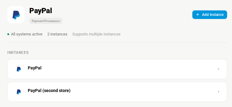 PayPal under Payment Processors, with two PayPal accounts listed under Instances