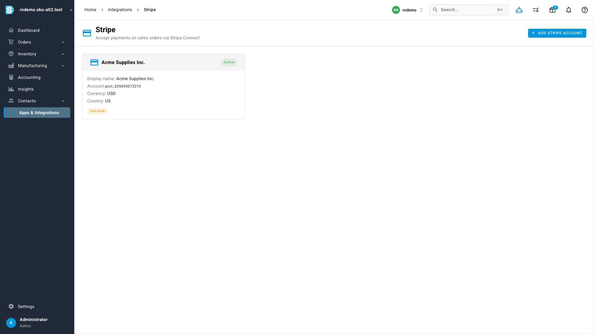 The Stripe integration page in SKU.io showing a connected account ready to accept payments