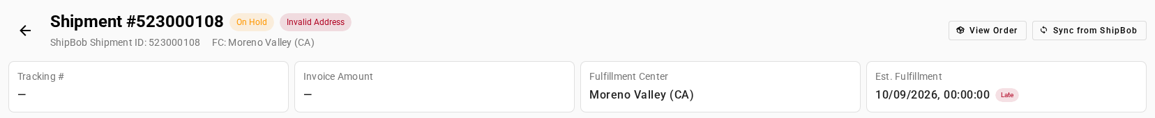 Shipment 523000108 on hold with Invalid Address, marked Late