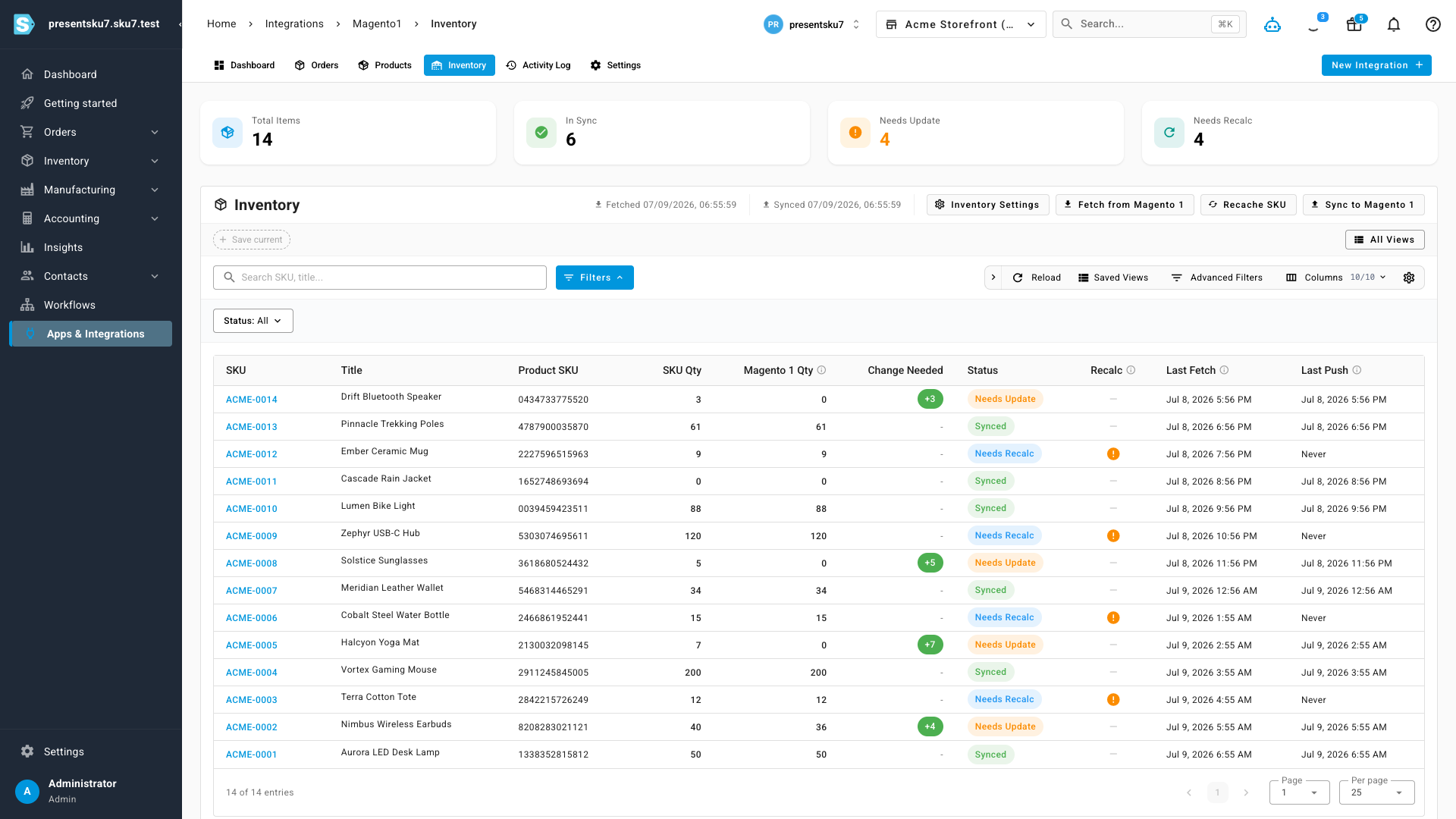 The Magento 1 inventory view comparing SKU quantities against live Magento 1 quantities, with change-needed badges and a sync-to-store action