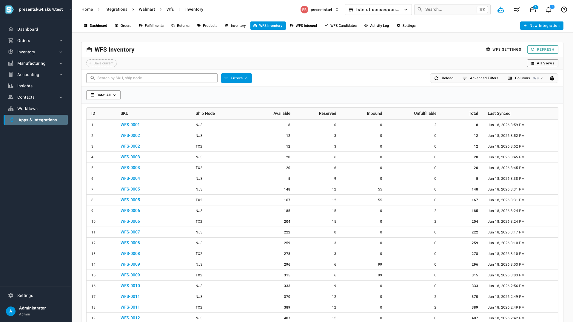 The WFS Inventory page listing per-SKU available, reserved, inbound and unfulfillable quantities
