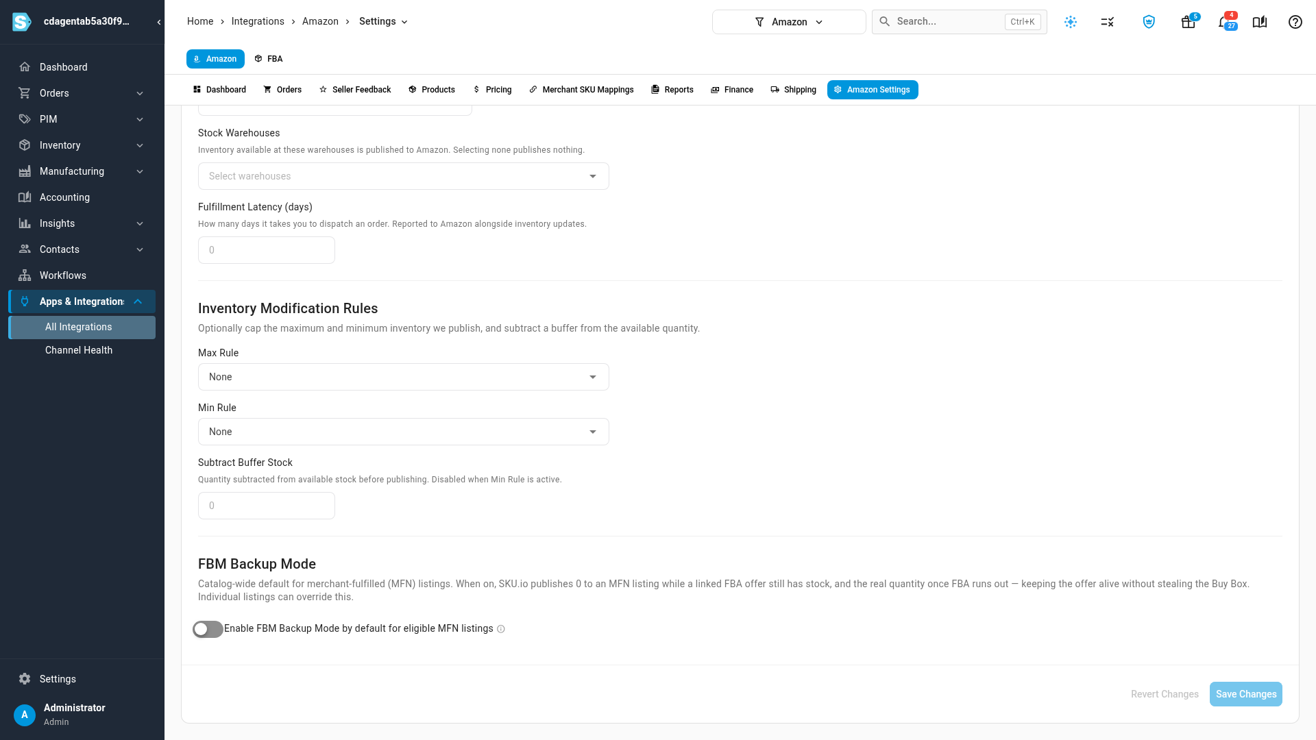 The Inventory Sync tab of Amazon Settings