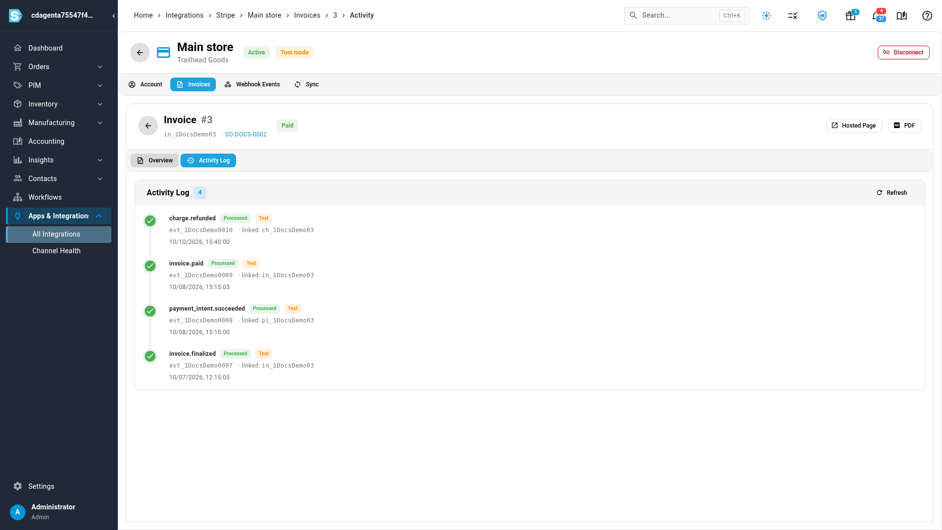 An invoice's Activity Log, with the updates for sent, paid and refunded