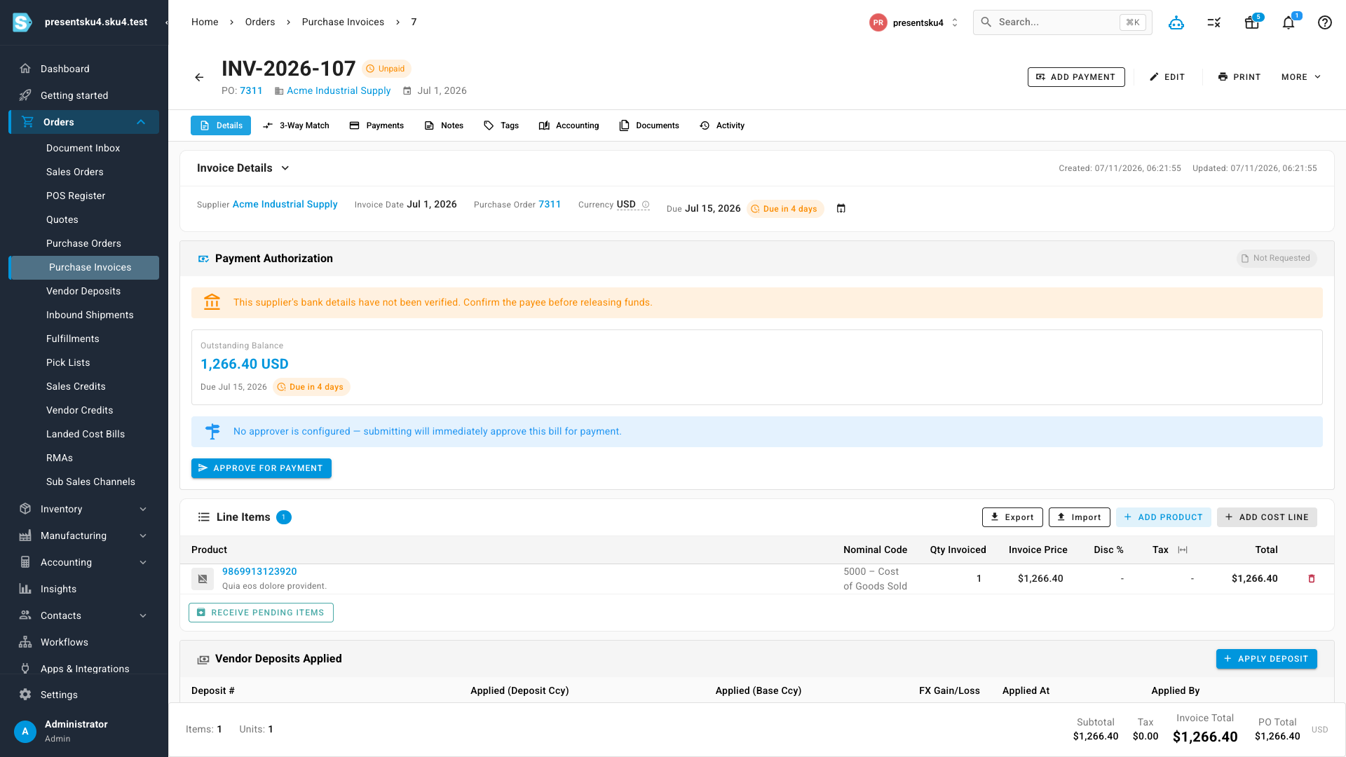 An invoice detail page: the due date and "Due in 4 days" chip in the header, repeated inside the Payment Authorization panel next to the outstanding balance
