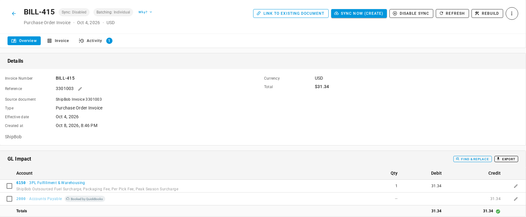 The journal entry for ShipBob Invoice 3301003: a Purchase Order Invoice that debits 6150 3PL Fulfillment &amp; Warehousing and credits 2000 Accounts Payable for $31.34