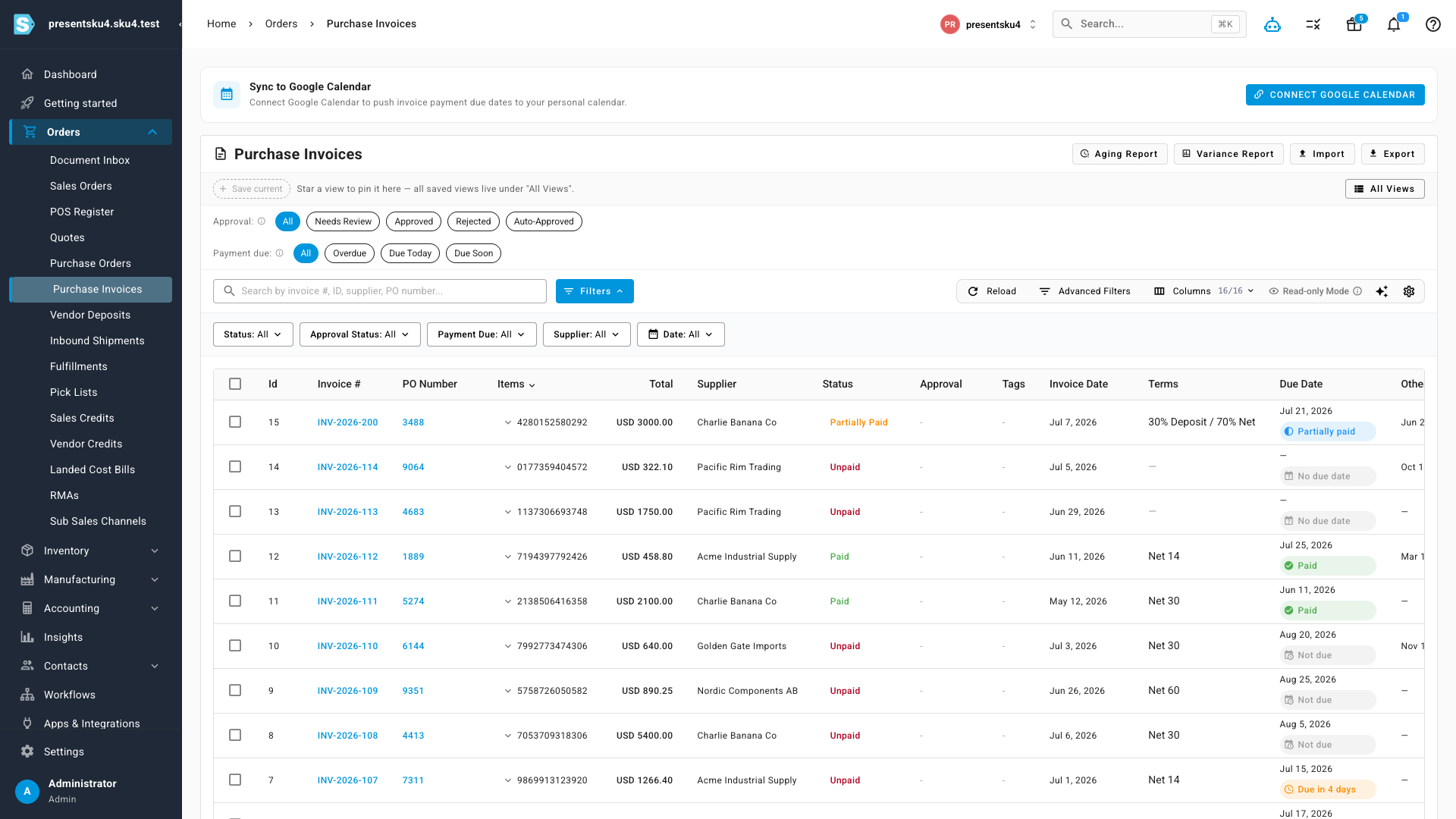 The Purchase Invoices list with the new Terms column, due-date status chips, and Overdue / Due Today / Due Soon quick filters