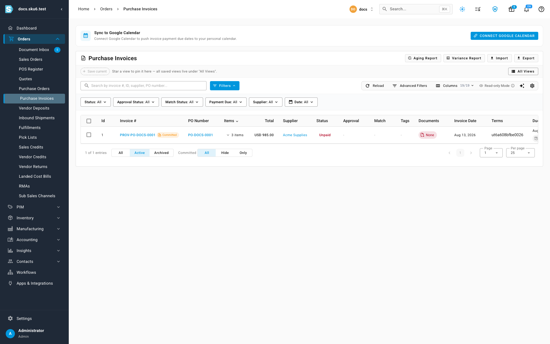 A committed-spend bill in the purchase invoice list