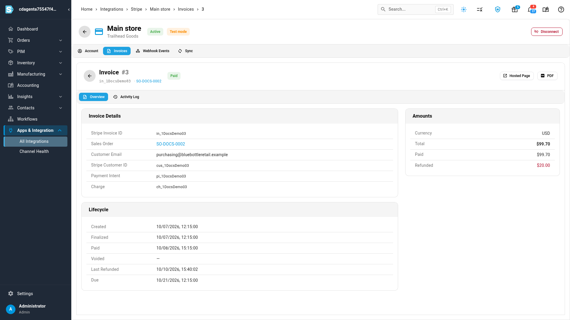 An invoice's Overview tab: Invoice Details, Lifecycle and Amounts