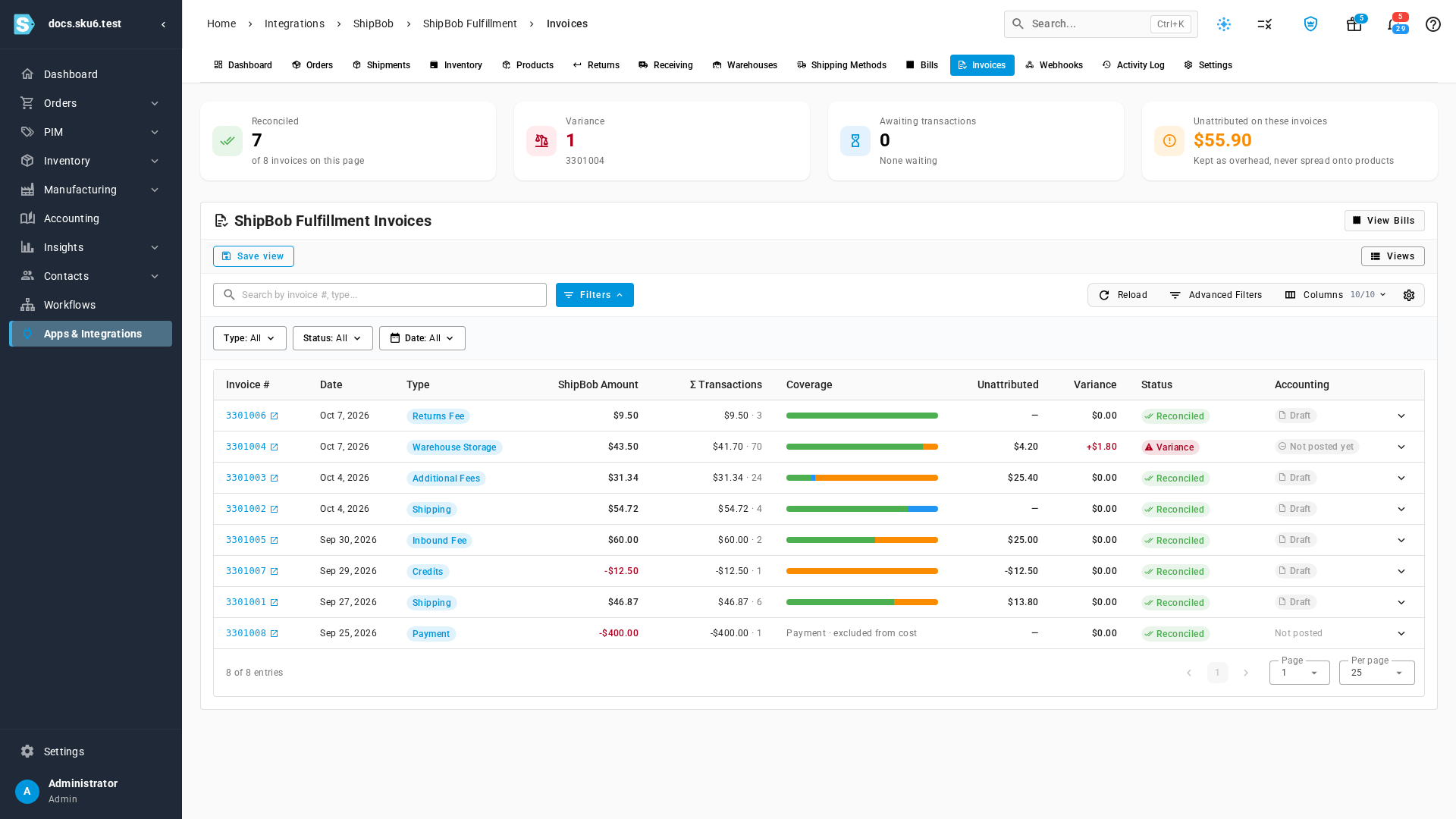 The Invoices tab: seven reconciled invoices, one storage invoice with a $1.80 variance, and the posting status of each