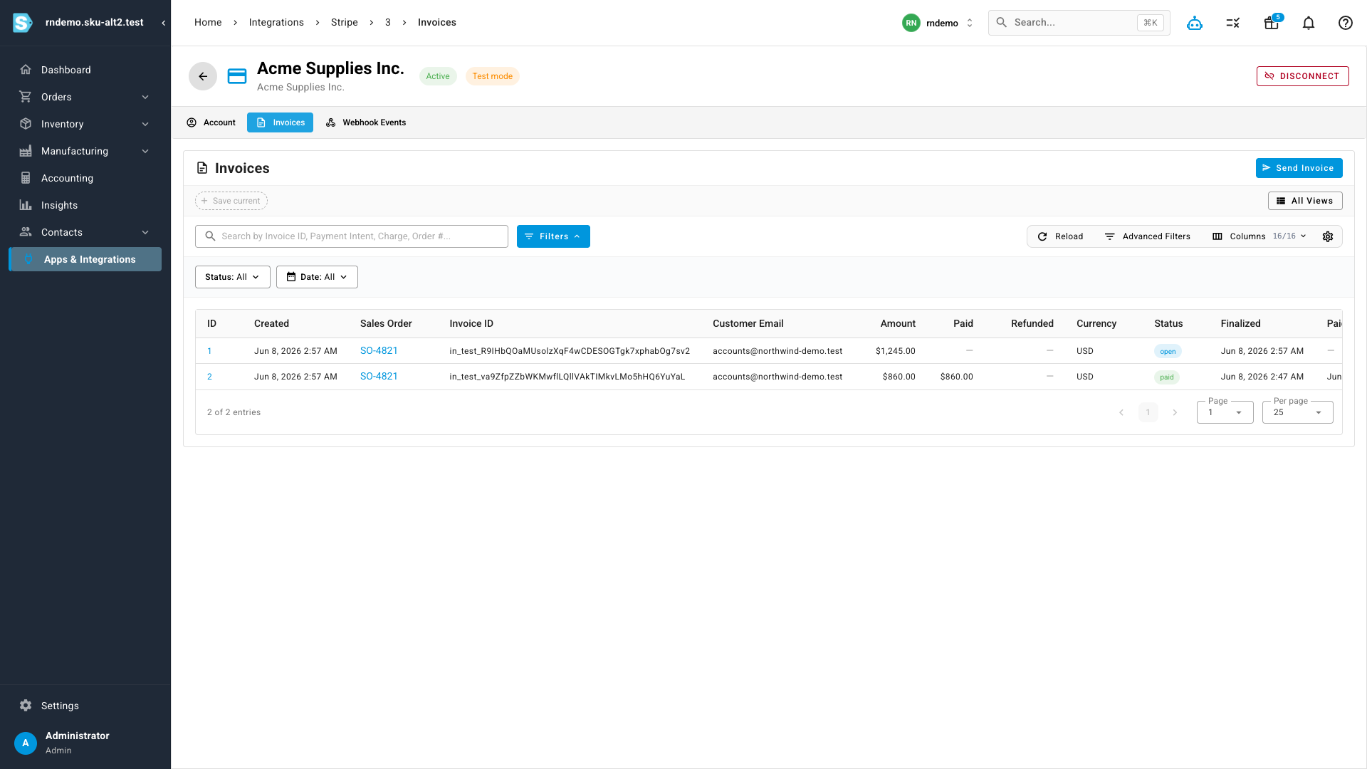 The Stripe invoices list showing invoices and their payment status
