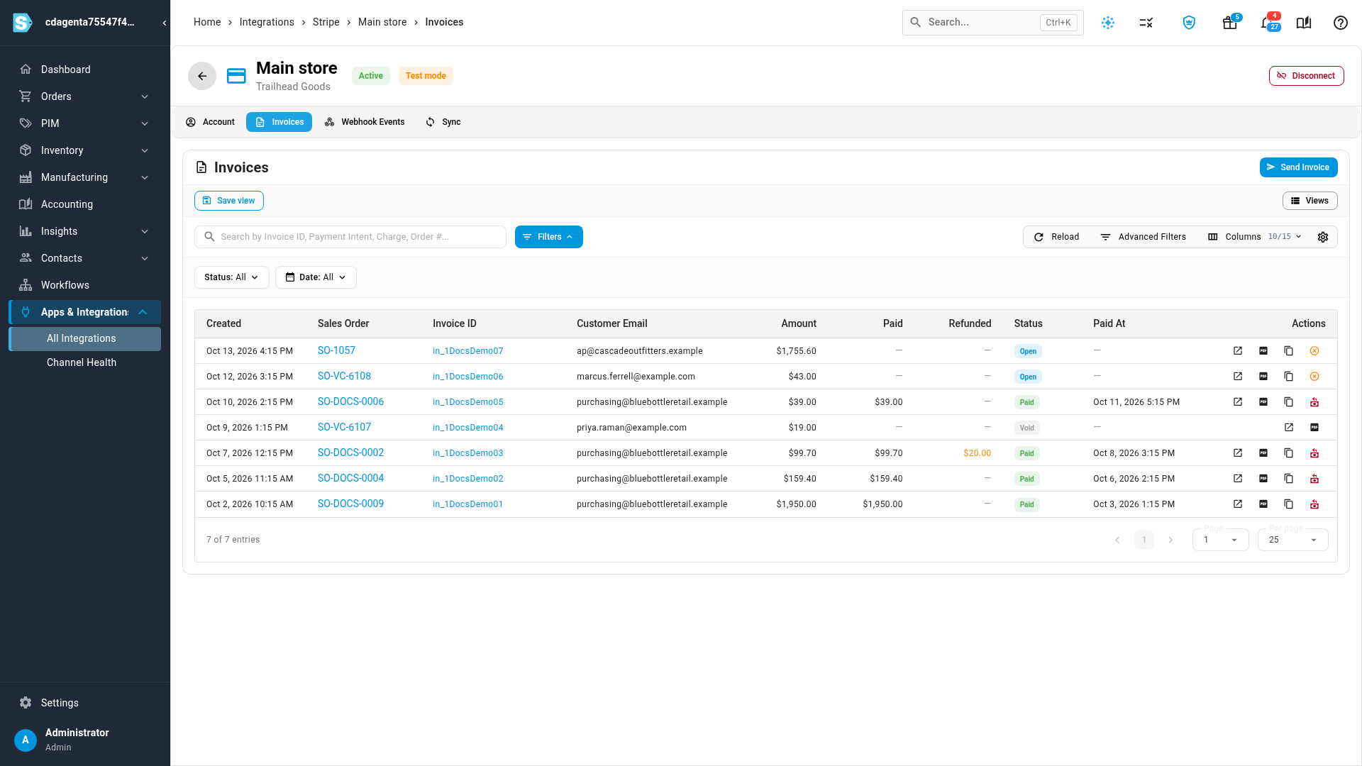 The Invoices tab of a Stripe account, with open, paid, refunded and void invoices