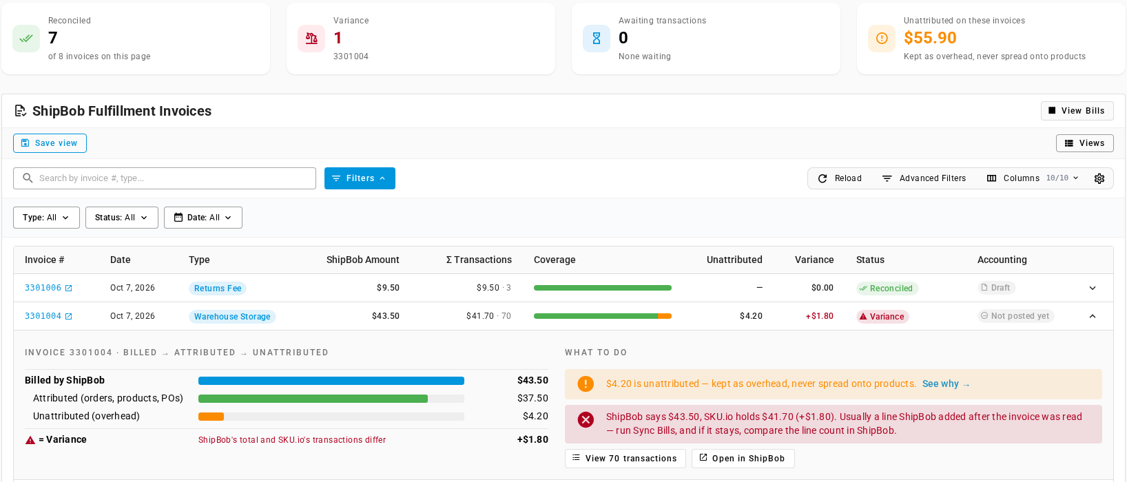 The Invoices tab with summary cards and the storage invoice 3301004 expanded to show a +$1.80 variance