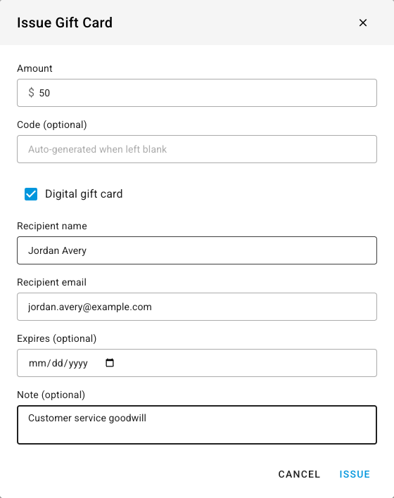 The Issue Gift Card dialog with a $50 digital card for Jordan Avery