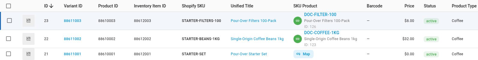 The Shopify Products tab with two items linked to their products and the bundle itself still showing Map