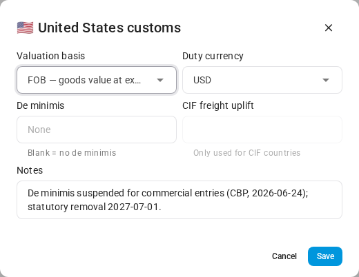 Editing the United States customs settings