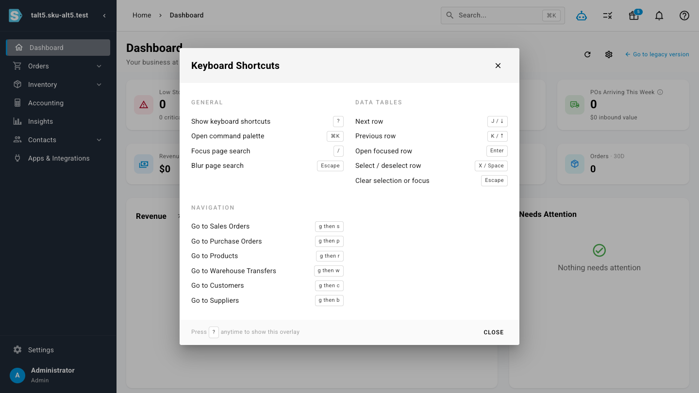 The keyboard shortcuts overlay grouped into General, Data Tables, and Navigation