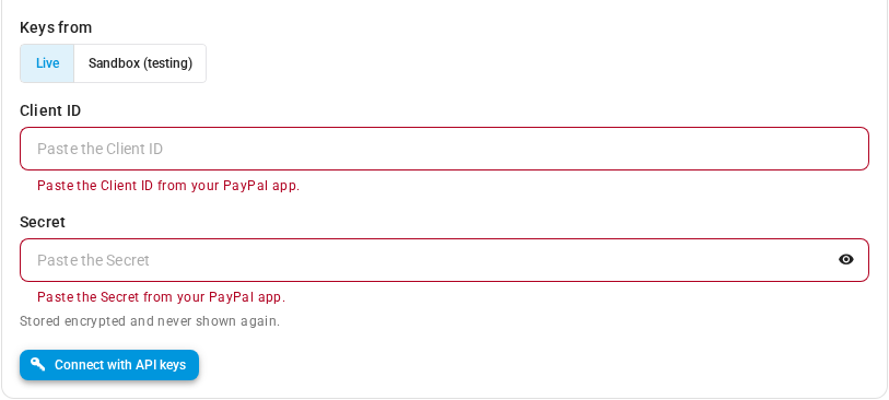 The form with both fields empty after clicking Connect with API keys