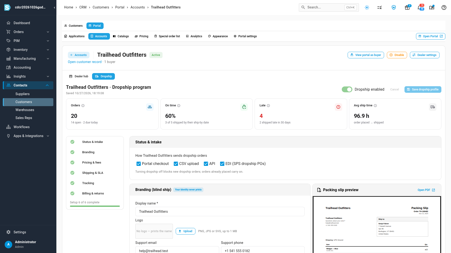 The performance strip on Trailhead Outfitters' Dropship tab