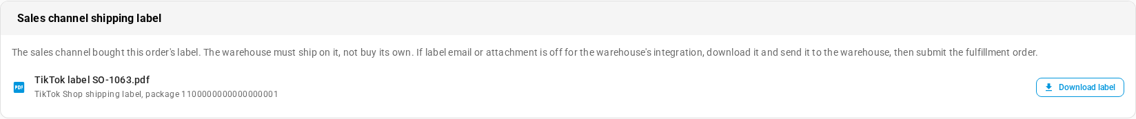 The Sales channel shipping label card on a sales order, with the TikTok label and its Download label button