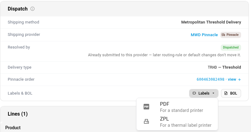The Labels menu in the Dispatch panel, offering PDF and ZPL