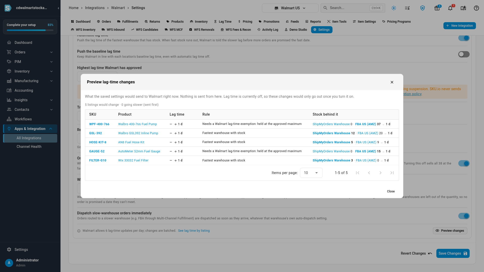 Preview lag-time changes, listing each listing's new lag time and the rule behind it