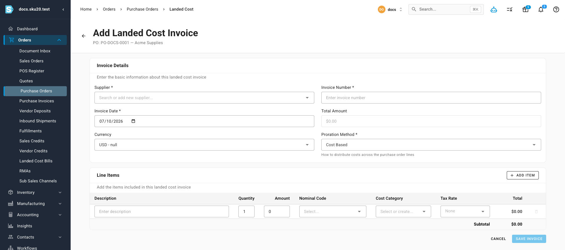 The Add Landed Cost Invoice form — supplier, total amount, and the Proration Method that decides how the cost is distributed across the PO's lines