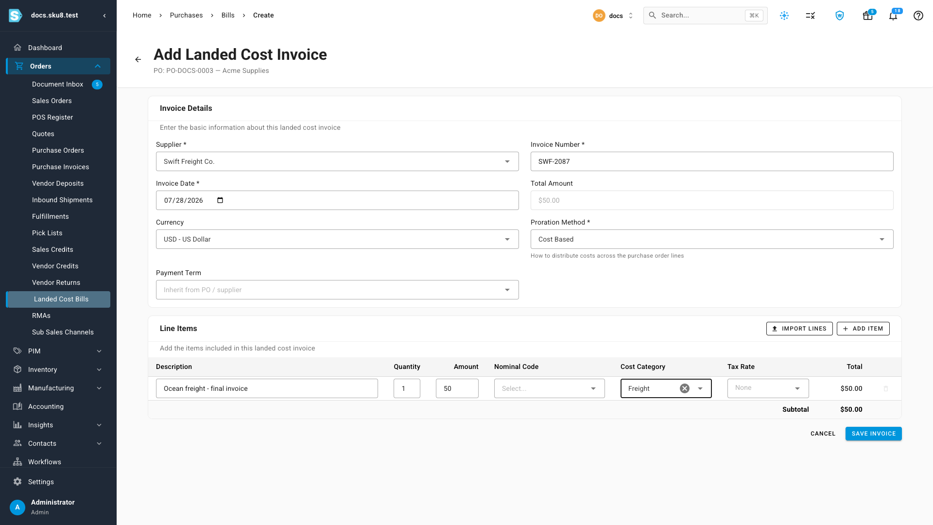 The completed landed cost invoice — Swift Freight Co., $50.00, cost category Freight