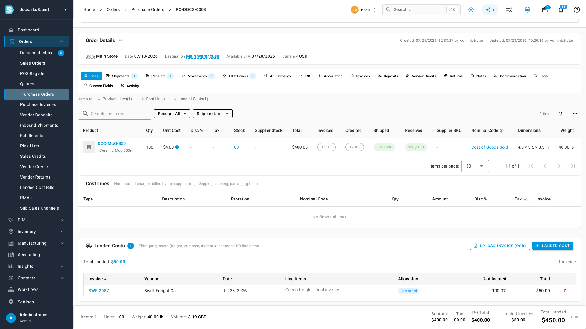 The saved invoice in the Landed Costs table — Total Landed $50.00