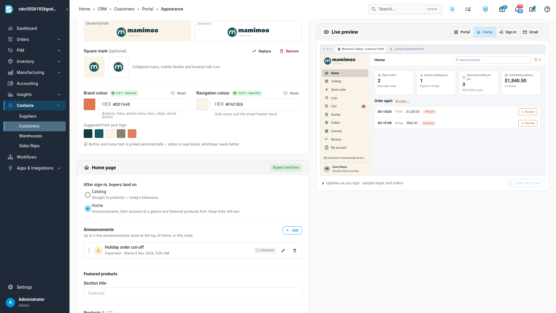 The Home page card with Home chosen as the landing page