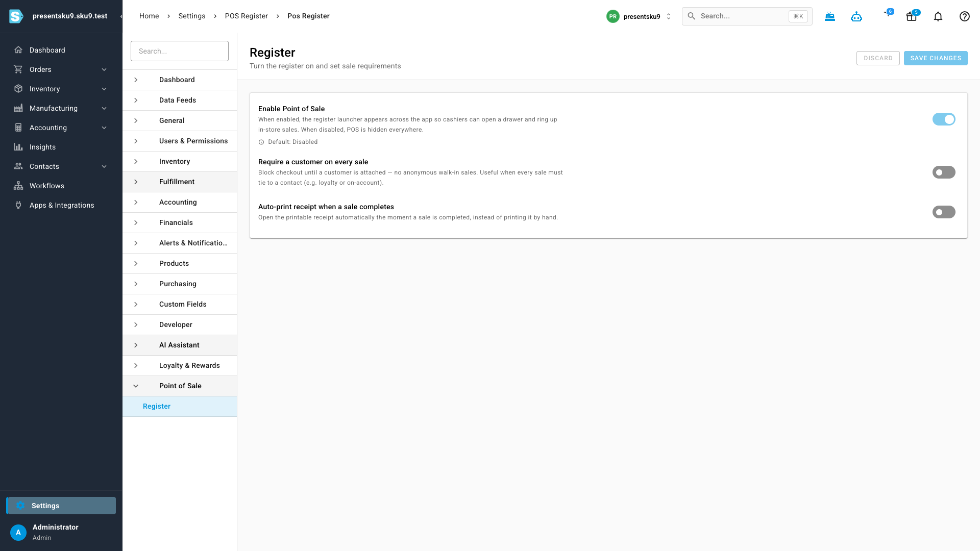 Enabling Point of Sale in settings, with the register launcher in the top bar