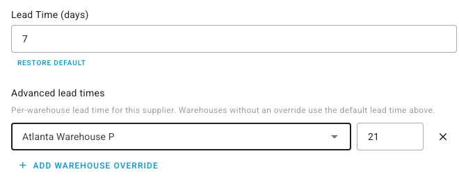 Lead Time (days) and the Advanced lead times overrides in the supplier's Purchasing Defaults