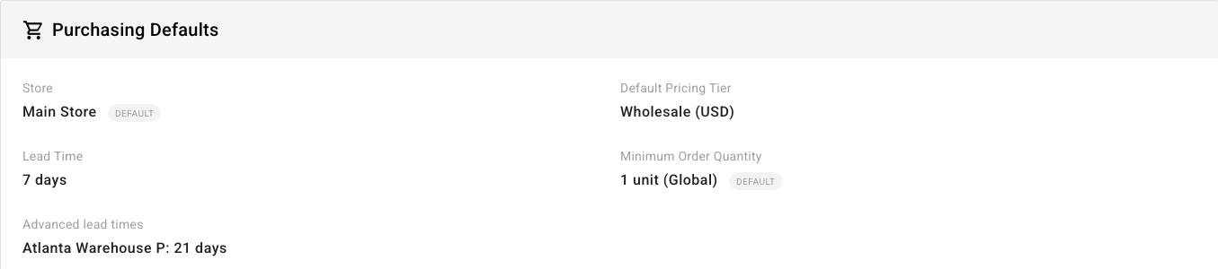 The saved supplier showing a 7-day default lead time and a 21-day override for Atlanta Warehouse P