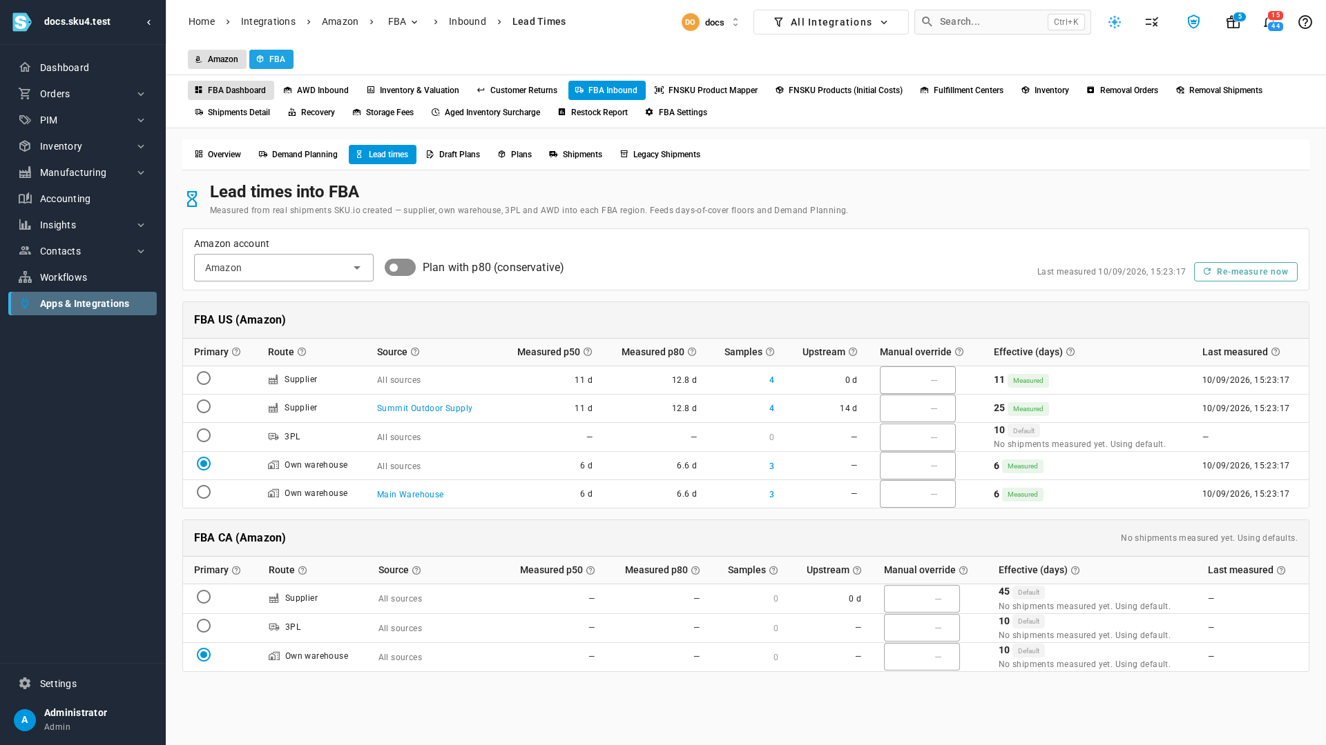 The Lead times into FBA page, with a measured FBA US table and an FBA CA table still using defaults