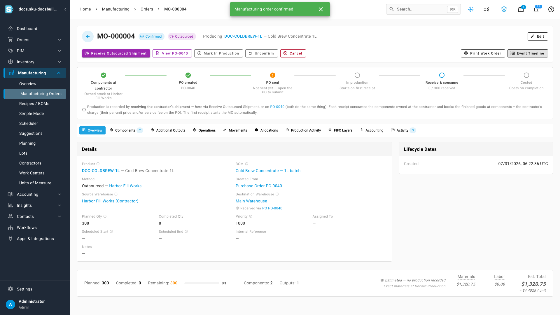 The lifecycle strip just after Confirm — "Components at contractor" green and reading "Owned stock at Harbor Fill Works", PO-0040 created, the PO not yet sent, production starting on first receipt, 0 / 300 received