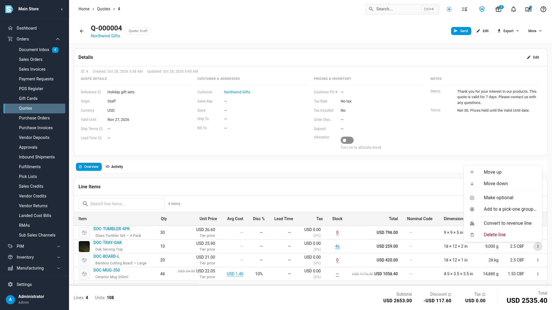 The ⋮ menu open on a line, showing Move up, Move down, Make optional, Add to a pick-one group…, Convert to revenue line and Delete line