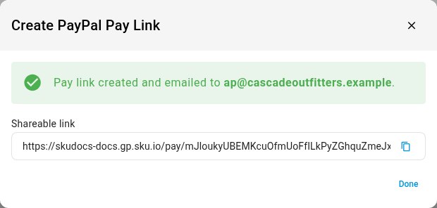 The dialog after sending, with the confirmation and the Shareable link field