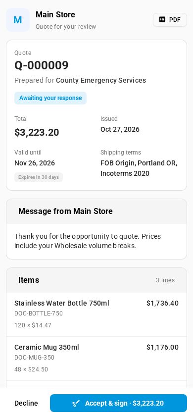 The customer page on a phone, with the items as a list and the Decline and Accept & sign bar at the bottom
